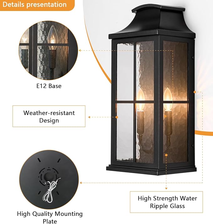 20" Large Outdoor Wall Light, 2-Light Black Porch Sconce | Heavy-duty construction and modern glass design suit porches, entryways, garage walls, and house exteriors