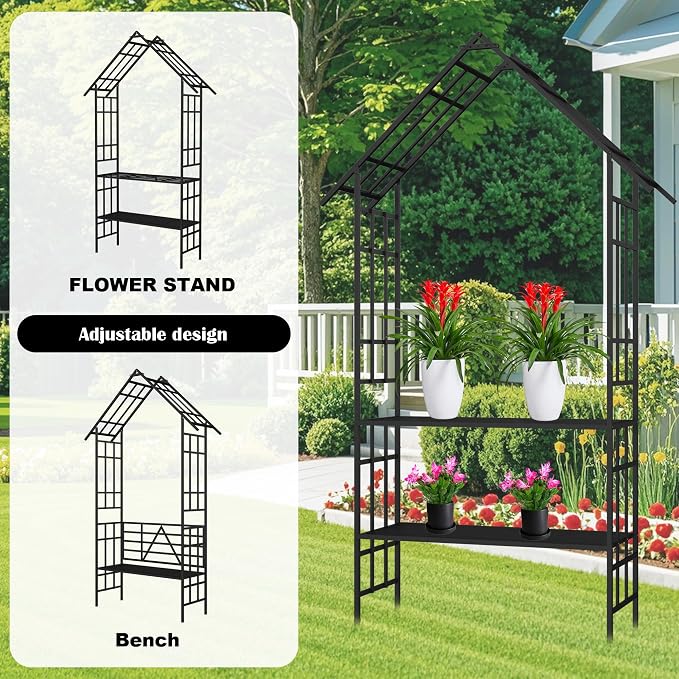 Garden Arch with Gate W58 x 97" H Metal Arch Trellis Outdoor for Climbing Plants Support Vines Rose, Wedding Archway Decoration, Black (Gate)