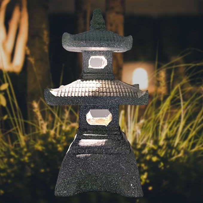 2 Tier Pagoda Garden Statue LED Solar Powered Light 26" Tall Outdoor Zen Garden Lantern Landscape Lawn Asian Pagoda Stupa Decor Grey Resin