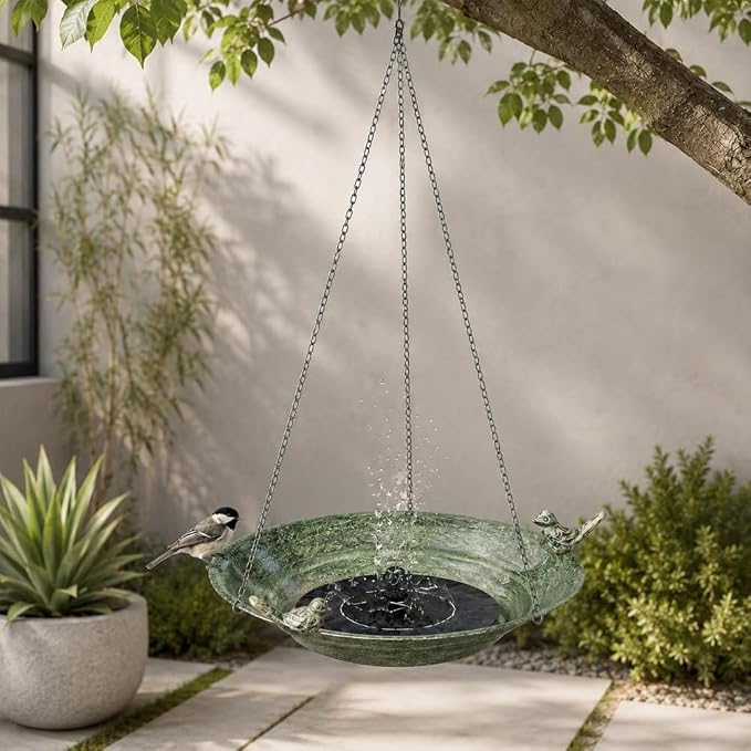 Hanging Bird Bath Fountain, 12 Inch Metal Bird Bath with Solar Pump, Outdoor Hanging Bird Feeder Bowl for Deck Railing Balcony Yard Garden Decoration
