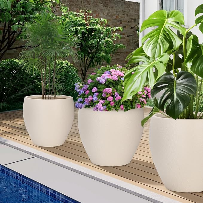 Plant Pots 17.5/14.8/12.2 inch Set of 3, Flower Pots with Drainage Holes, Large Planters for Indoor Outdoor Garden Plants and Flowers. (Light Beige)
