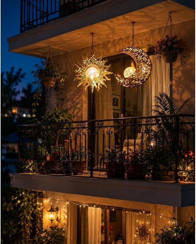 Celestial Sun & Moon Solar Lantern | Antique Bronze Metal Garden Decor Waterproof Yard Ornament,Gift for Garden Lovers