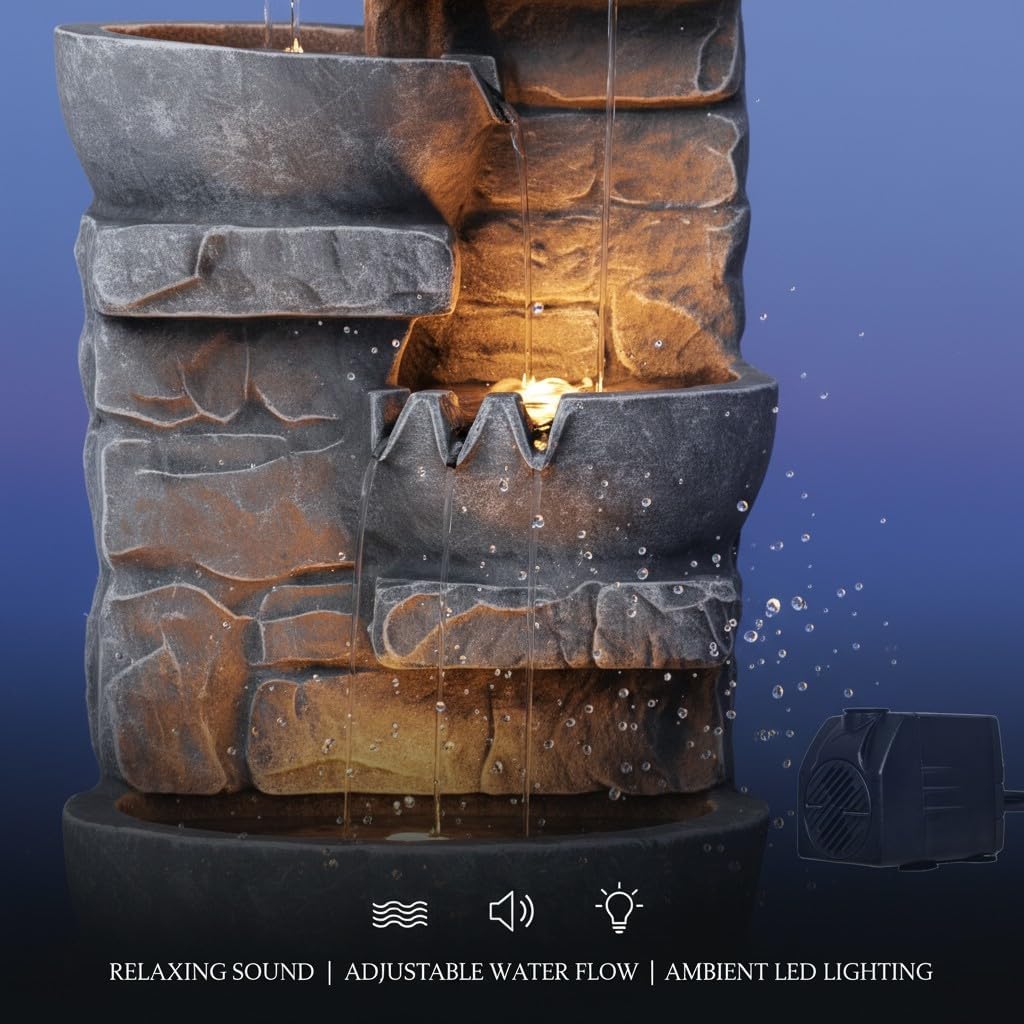 Cascading Bowls and Stacked Stones LED Outdoor Water Fountain for Outdoor Living Spaces to Create a Calming Oasis in Gardens and Landscaping, on Patios, Balconies, Lawns, Brown