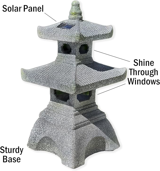 2 Tier Pagoda Garden Statue LED Solar Powered Light 26" Tall Outdoor Zen Garden Lantern Landscape Lawn Asian Pagoda Stupa Decor Grey Resin