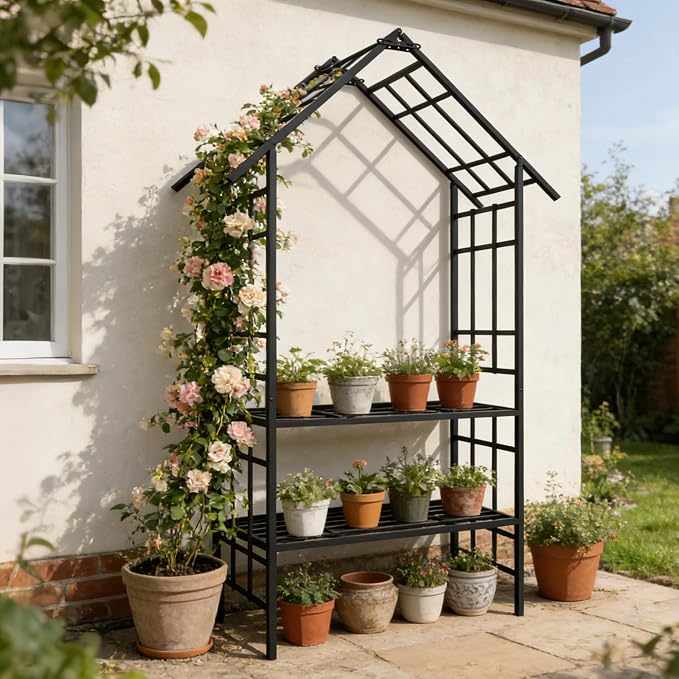 Garden Arch with Gate W58 x 97" H Metal Arch Trellis Outdoor for Climbing Plants Support Vines Rose, Wedding Archway Decoration, Black (Gate)