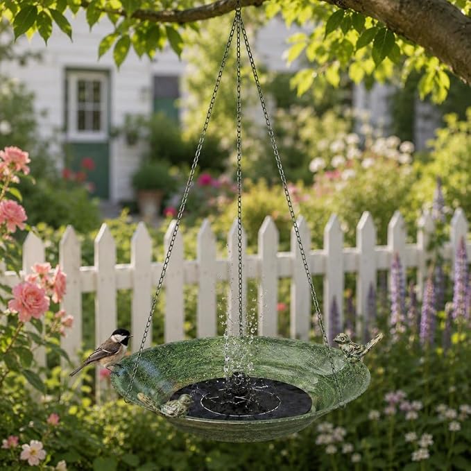 Hanging Bird Bath Fountain, 12 Inch Metal Bird Bath with Solar Pump, Outdoor Hanging Bird Feeder Bowl for Deck Railing Balcony Yard Garden Decoration