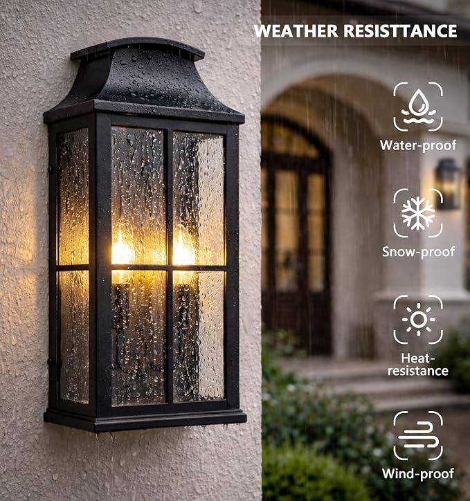 20" Large Outdoor Wall Light, 2-Light Black Porch Sconce | Heavy-duty construction and modern glass design suit porches, entryways, garage walls, and house exteriors
