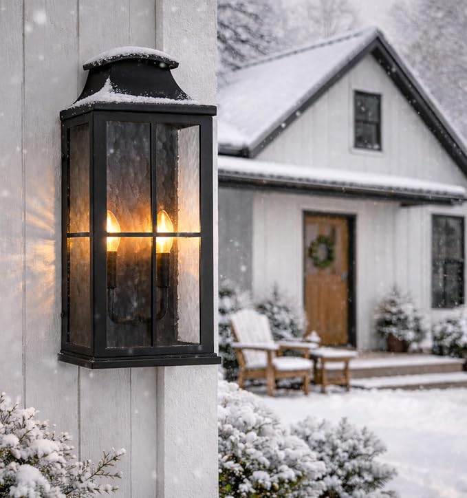 20" Large Outdoor Wall Light, 2-Light Black Porch Sconce | Heavy-duty construction and modern glass design suit porches, entryways, garage walls, and house exteriors