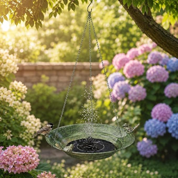Hanging Bird Bath Fountain, 12 Inch Metal Bird Bath with Solar Pump, Outdoor Hanging Bird Feeder Bowl for Deck Railing Balcony Yard Garden Decoration