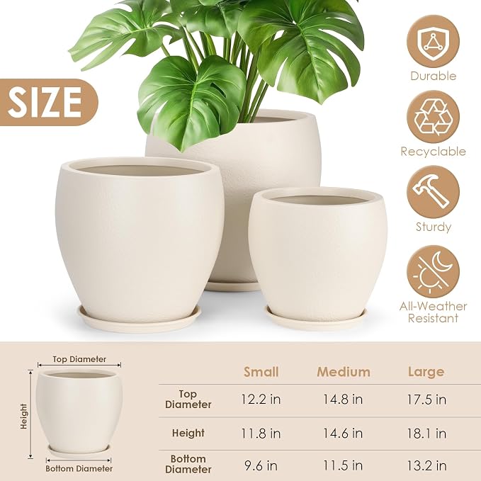 Plant Pots 17.5/14.8/12.2 inch Set of 3, Flower Pots with Drainage Holes, Large Planters for Indoor Outdoor Garden Plants and Flowers. (Light Beige)