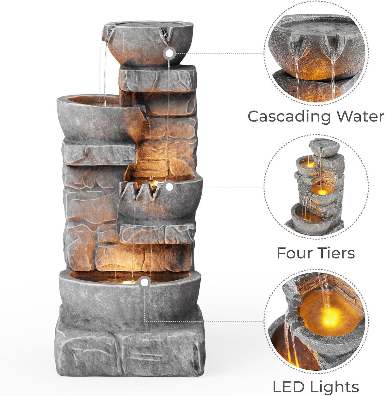 Cascading Bowls and Stacked Stones LED Outdoor Water Fountain for Outdoor Living Spaces to Create a Calming Oasis in Gardens and Landscaping, on Patios, Balconies, Lawns, Brown