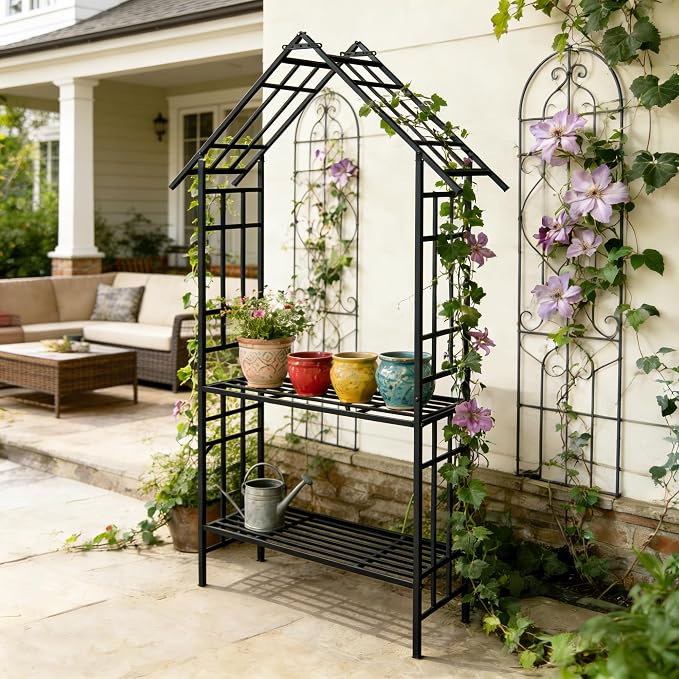 Garden Arch with Gate W58 x 97" H Metal Arch Trellis Outdoor for Climbing Plants Support Vines Rose, Wedding Archway Decoration, Black (Gate)
