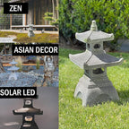 2 Tier Pagoda Garden Statue LED Solar Powered Light 26" Tall Outdoor Zen Garden Lantern Landscape Lawn Asian Pagoda Stupa Decor Grey Resin