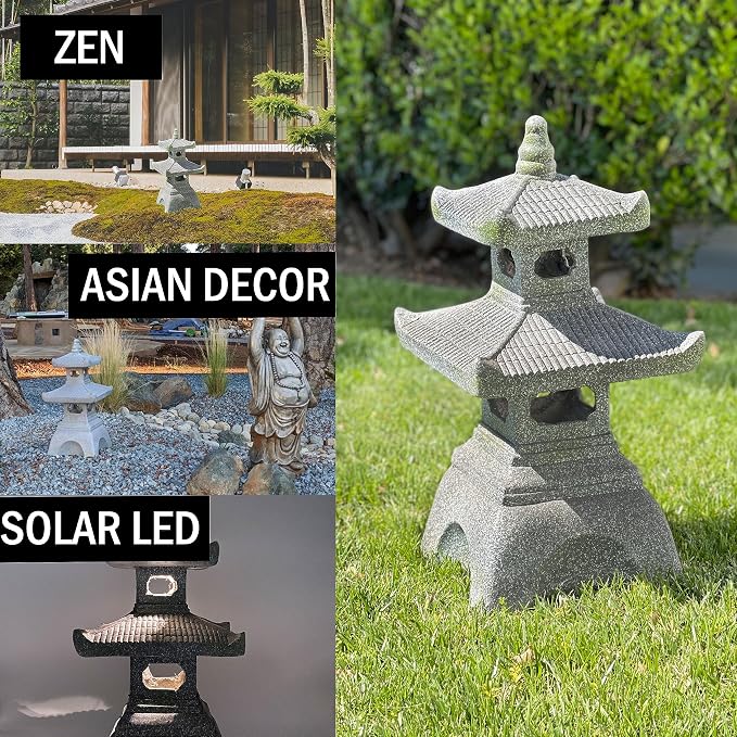 2 Tier Pagoda Garden Statue LED Solar Powered Light 26" Tall Outdoor Zen Garden Lantern Landscape Lawn Asian Pagoda Stupa Decor Grey Resin