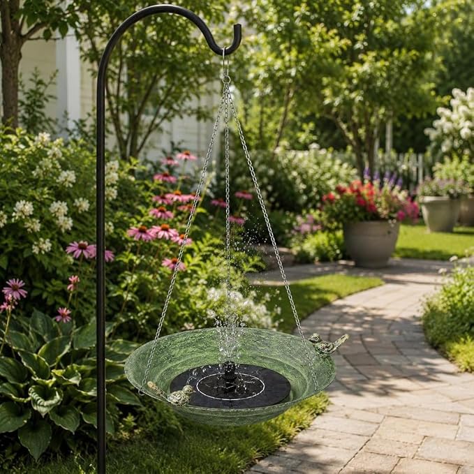 Hanging Bird Bath Fountain, 12 Inch Metal Bird Bath with Solar Pump, Outdoor Hanging Bird Feeder Bowl for Deck Railing Balcony Yard Garden Decoration