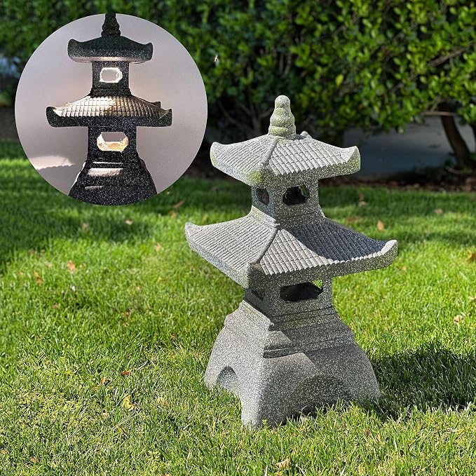 2 Tier Pagoda Garden Statue LED Solar Powered Light 26" Tall Outdoor Zen Garden Lantern Landscape Lawn Asian Pagoda Stupa Decor Grey Resin
