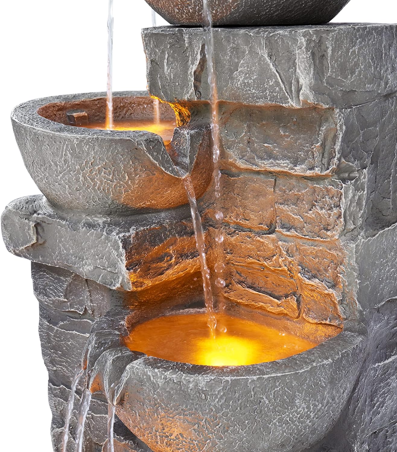 Cascading Bowls and Stacked Stones LED Outdoor Water Fountain for Outdoor Living Spaces to Create a Calming Oasis in Gardens and Landscaping, on Patios, Balconies, Lawns, Brown