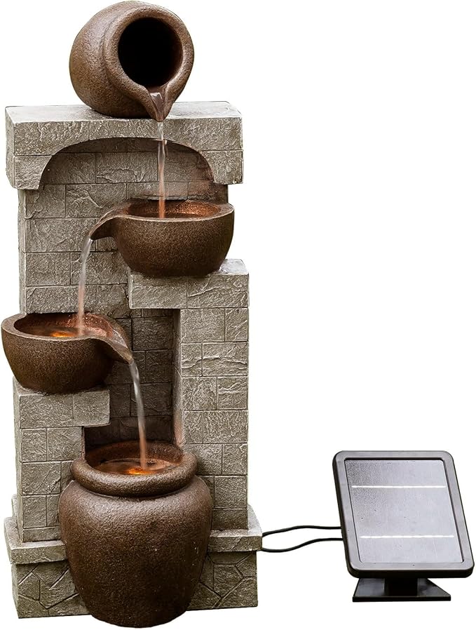 Cascading Bowls and Stacked Stones LED Outdoor Water Fountain for Outdoor Living Spaces to Create a Calming Oasis in Gardens and Landscaping, on Patios, Balconies, Lawns, Brown