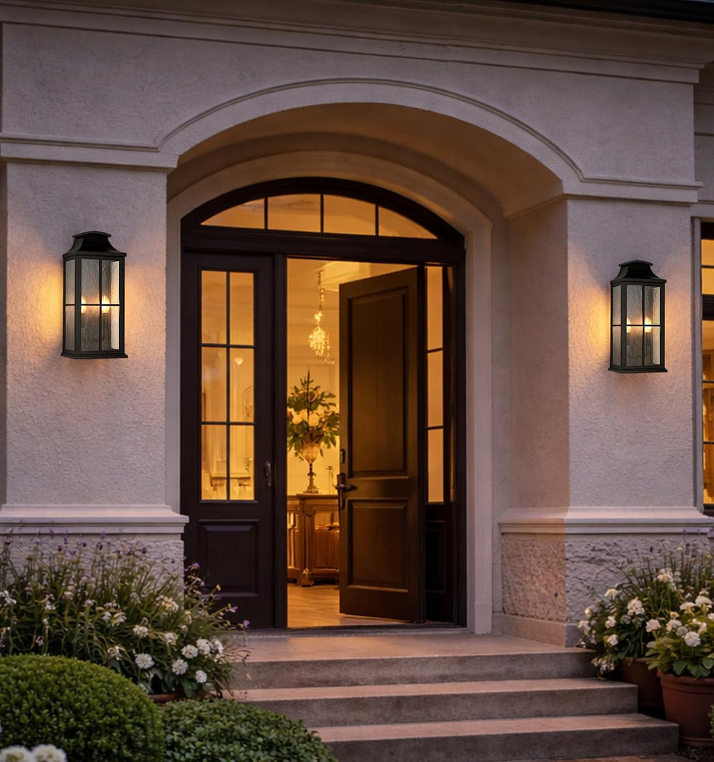 20" Large Outdoor Wall Light, 2-Light Black Porch Sconce | Heavy-duty construction and modern glass design suit porches, entryways, garage walls, and house exteriors