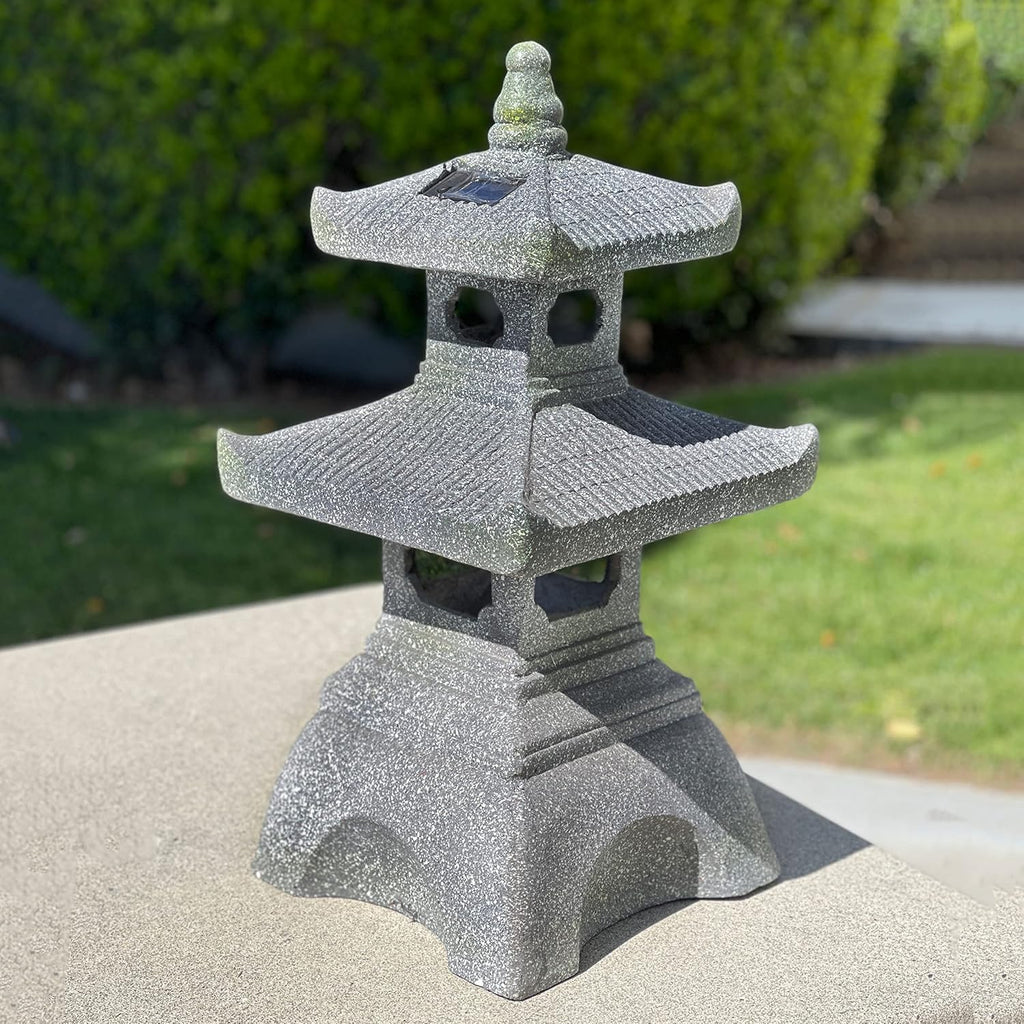 2 Tier Pagoda Garden Statue LED Solar Powered Light 26" Tall Outdoor Zen Garden Lantern Landscape Lawn Asian Pagoda Stupa Decor Grey Resin
