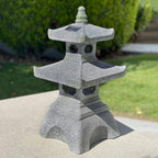 2 Tier Pagoda Garden Statue LED Solar Powered Light 26" Tall Outdoor Zen Garden Lantern Landscape Lawn Asian Pagoda Stupa Decor Grey Resin