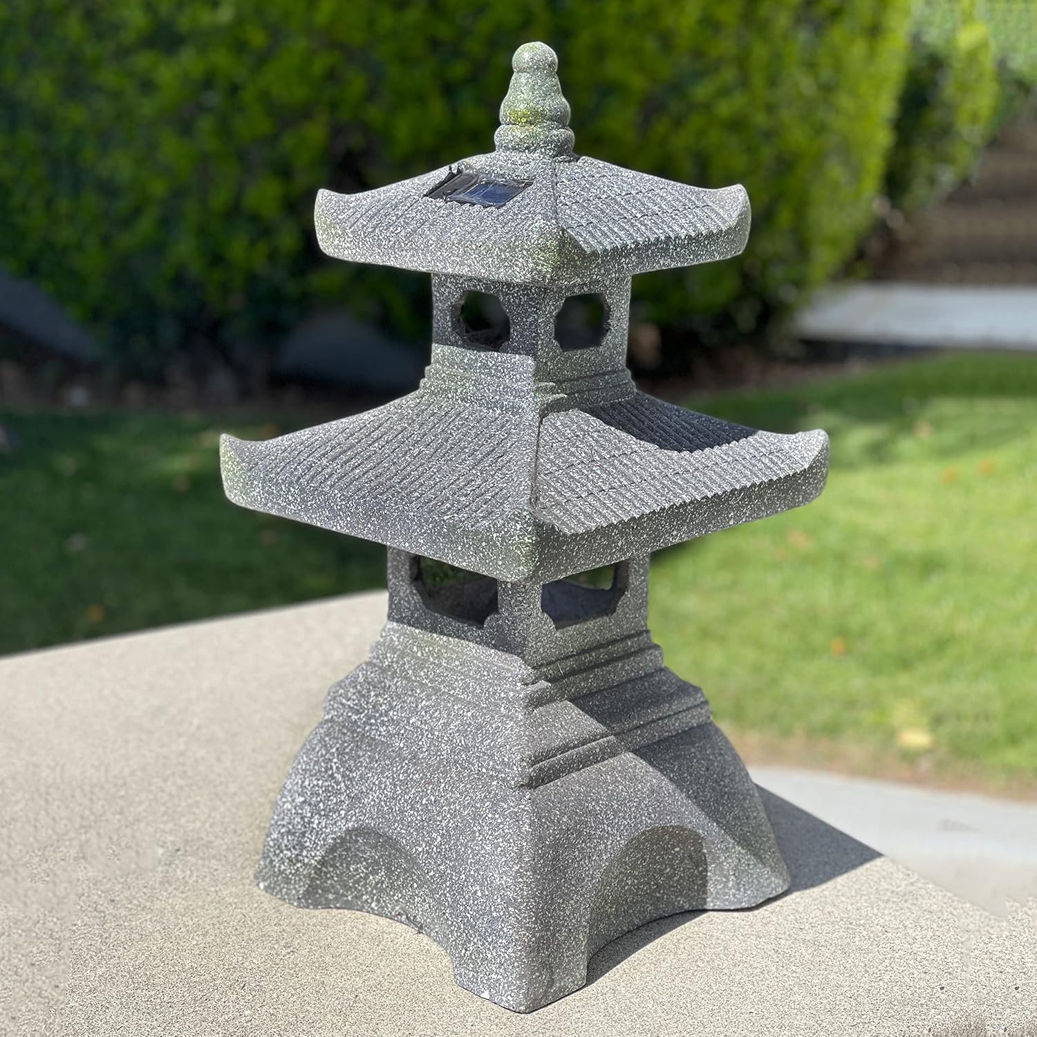 2 Tier Pagoda Garden Statue LED Solar Powered Light 26" Tall Outdoor Zen Garden Lantern Landscape Lawn Asian Pagoda Stupa Decor Grey Resin