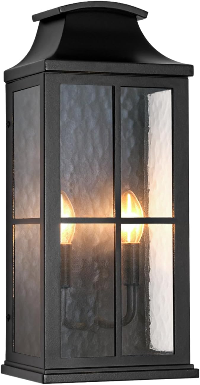 20" Large Outdoor Wall Light, 2-Light Black Porch Sconce | Heavy-duty construction and modern glass design suit porches, entryways, garage walls, and house exteriors