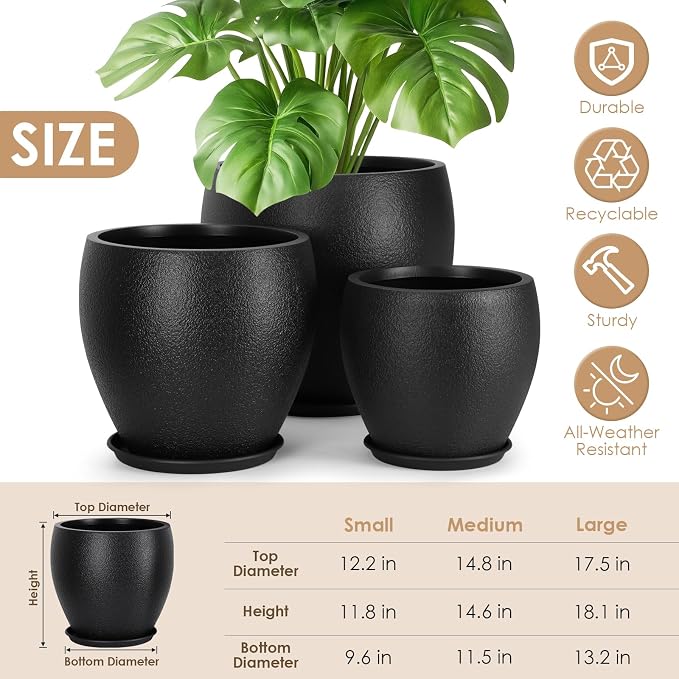 Plant Pots 17.5/14.8/12.2 inch Set of 3, Flower Pots with Drainage Holes, Large Planters for Indoor Outdoor Garden Plants and Flowers. (Light Beige)