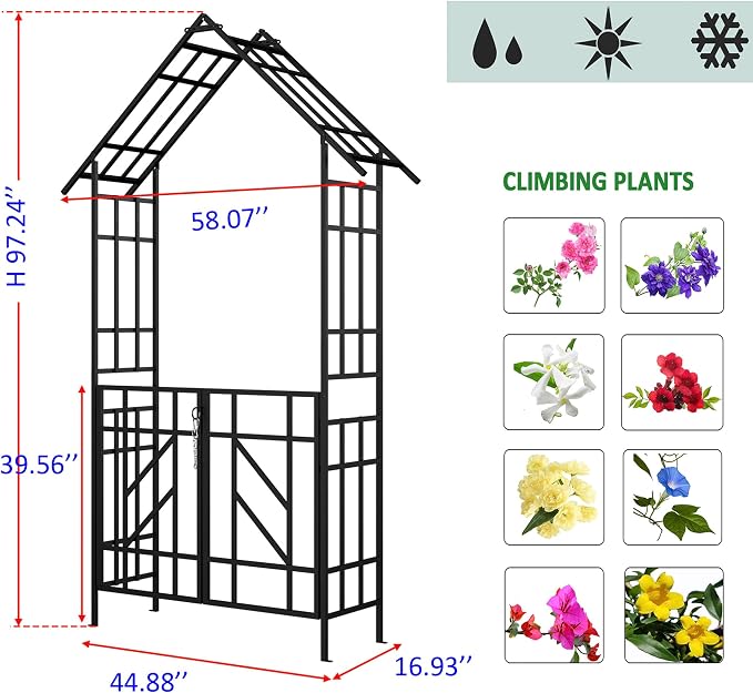 Garden Arch with Gate W58 x 97" H Metal Arch Trellis Outdoor for Climbing Plants Support Vines Rose, Wedding Archway Decoration, Black (Gate)