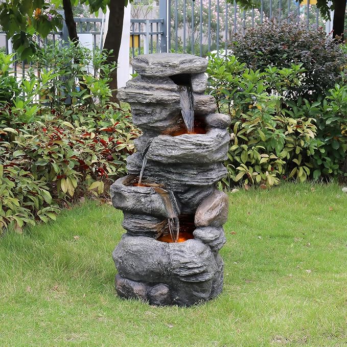 Cascading Bowls and Stacked Stones LED Outdoor Water Fountain for Outdoor Living Spaces to Create a Calming Oasis in Gardens and Landscaping, on Patios, Balconies, Lawns, Brown