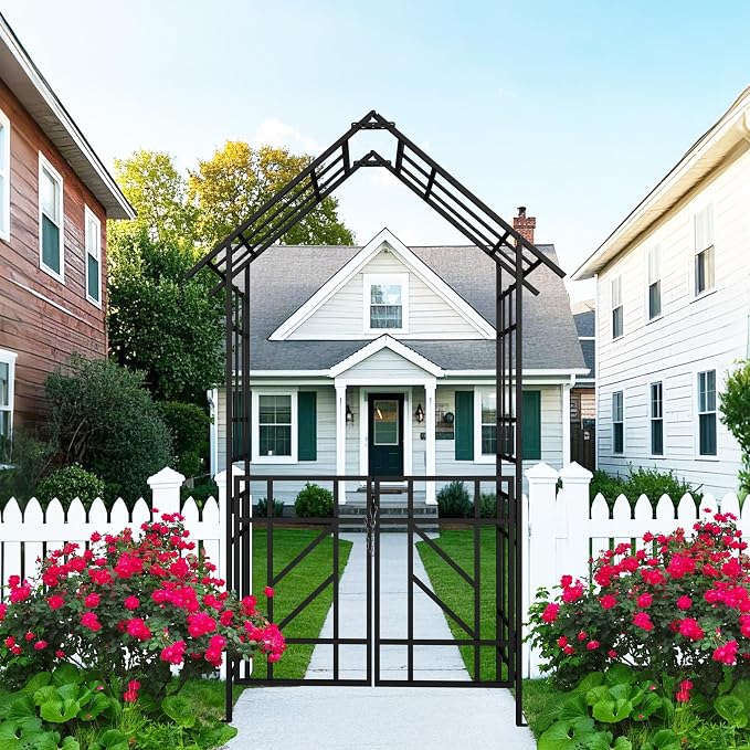 Garden Arch with Gate W58 x 97" H Metal Arch Trellis Outdoor for Climbing Plants Support Vines Rose, Wedding Archway Decoration, Black (Gate)