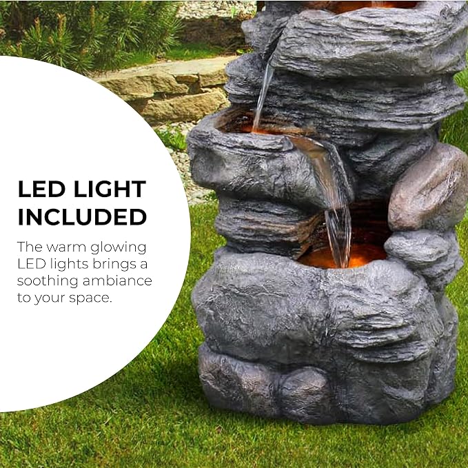 Cascading Bowls and Stacked Stones LED Outdoor Water Fountain for Outdoor Living Spaces to Create a Calming Oasis in Gardens and Landscaping, on Patios, Balconies, Lawns, Brown
