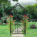 Garden Arch with Gate W58 x 97" H Metal Arch Trellis Outdoor for Climbing Plants Support Vines Rose, Wedding Archway Decoration, Black (Gate)