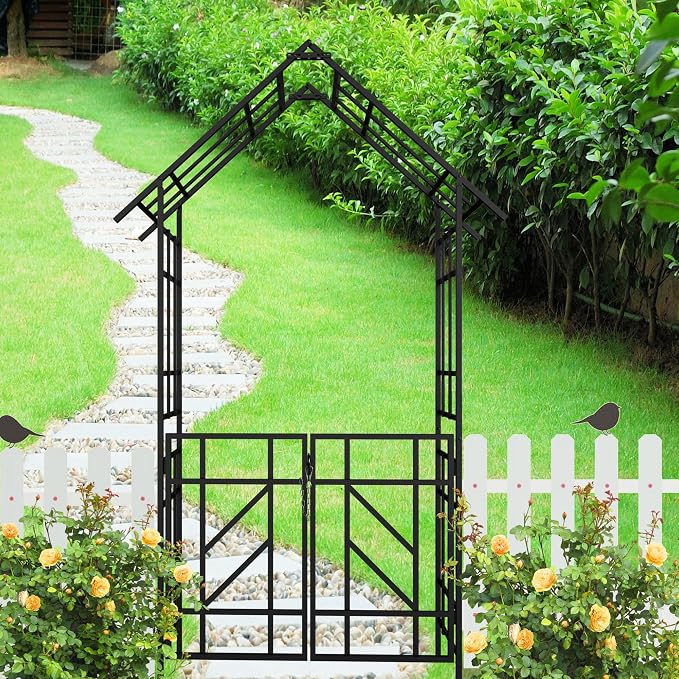 Garden Arch with Gate W58 x 97" H Metal Arch Trellis Outdoor for Climbing Plants Support Vines Rose, Wedding Archway Decoration, Black (Gate)