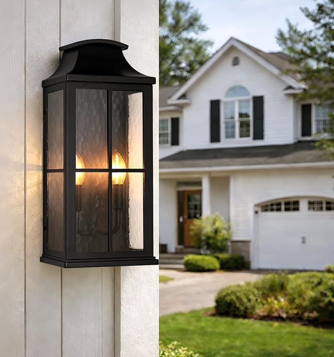 20" Large Outdoor Wall Light, 2-Light Black Porch Sconce | Heavy-duty construction and modern glass design suit porches, entryways, garage walls, and house exteriors