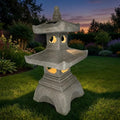 2 Tier Pagoda Garden Statue LED Solar Powered Light 26" Tall Outdoor Zen Garden Lantern Landscape Lawn Asian Pagoda Stupa Decor Grey Resin