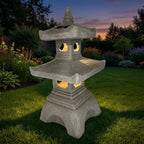 2 Tier Pagoda Garden Statue LED Solar Powered Light 26" Tall Outdoor Zen Garden Lantern Landscape Lawn Asian Pagoda Stupa Decor Grey Resin