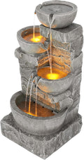 Cascading Bowls and Stacked Stones LED Outdoor Water Fountain for Outdoor Living Spaces to Create a Calming Oasis in Gardens and Landscaping, on Patios, Balconies, Lawns, Brown