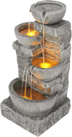 Cascading Bowls and Stacked Stones LED Outdoor Water Fountain for Outdoor Living Spaces to Create a Calming Oasis in Gardens and Landscaping, on Patios, Balconies, Lawns, Brown