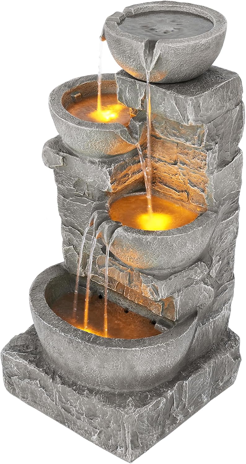 Cascading Bowls and Stacked Stones LED Outdoor Water Fountain for Outdoor Living Spaces to Create a Calming Oasis in Gardens and Landscaping, on Patios, Balconies, Lawns, Brown
