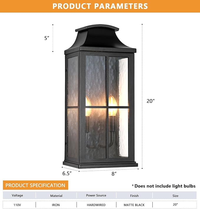 20" Large Outdoor Wall Light, 2-Light Black Porch Sconce | Heavy-duty construction and modern glass design suit porches, entryways, garage walls, and house exteriors