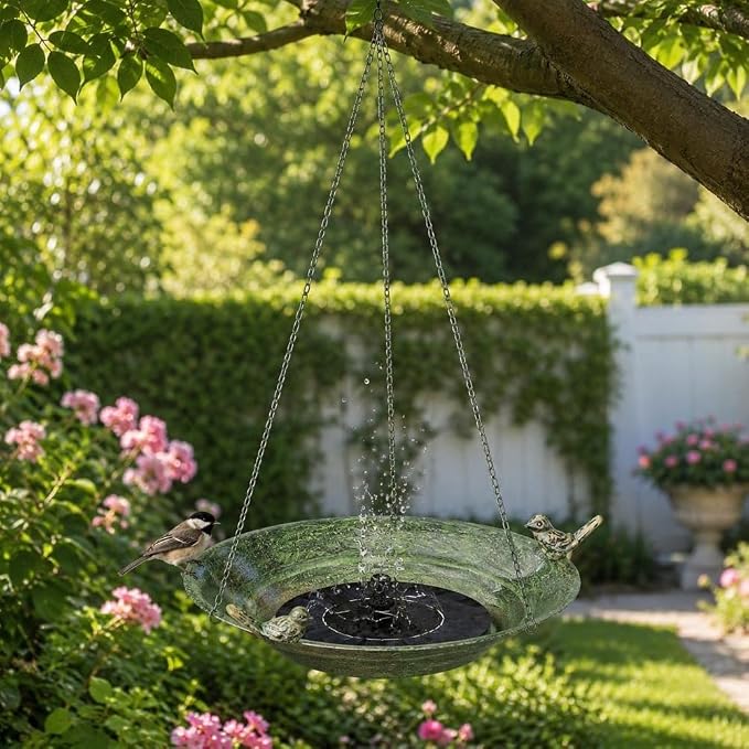 Hanging Bird Bath Fountain, 12 Inch Metal Bird Bath with Solar Pump, Outdoor Hanging Bird Feeder Bowl for Deck Railing Balcony Yard Garden Decoration