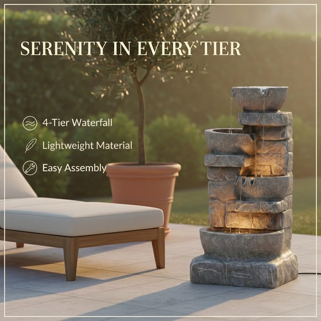 Cascading Bowls and Stacked Stones LED Outdoor Water Fountain for Outdoor Living Spaces to Create a Calming Oasis in Gardens and Landscaping, on Patios, Balconies, Lawns, Brown