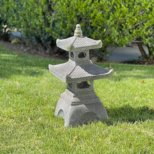 2 Tier Pagoda Garden Statue LED Solar Powered Light 26" Tall Outdoor Zen Garden Lantern Landscape Lawn Asian Pagoda Stupa Decor Grey Resin
