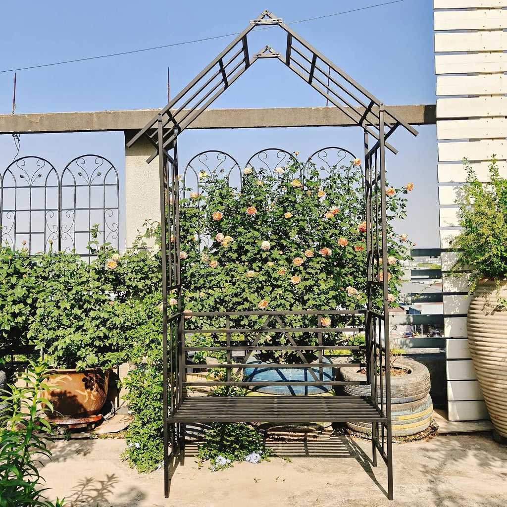 Garden Arch with Gate W58 x 97" H Metal Arch Trellis Outdoor for Climbing Plants Support Vines Rose, Wedding Archway Decoration, Black (Gate)