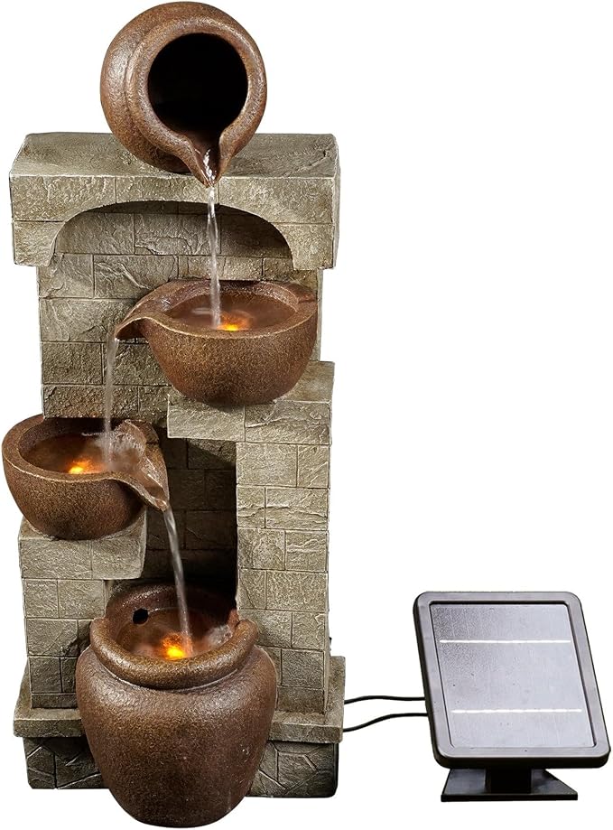 Cascading Bowls and Stacked Stones LED Outdoor Water Fountain for Outdoor Living Spaces to Create a Calming Oasis in Gardens and Landscaping, on Patios, Balconies, Lawns, Brown