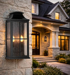 20" Large Outdoor Wall Light, 2-Light Black Porch Sconce | Heavy-duty construction and modern glass design suit porches, entryways, garage walls, and house exteriors