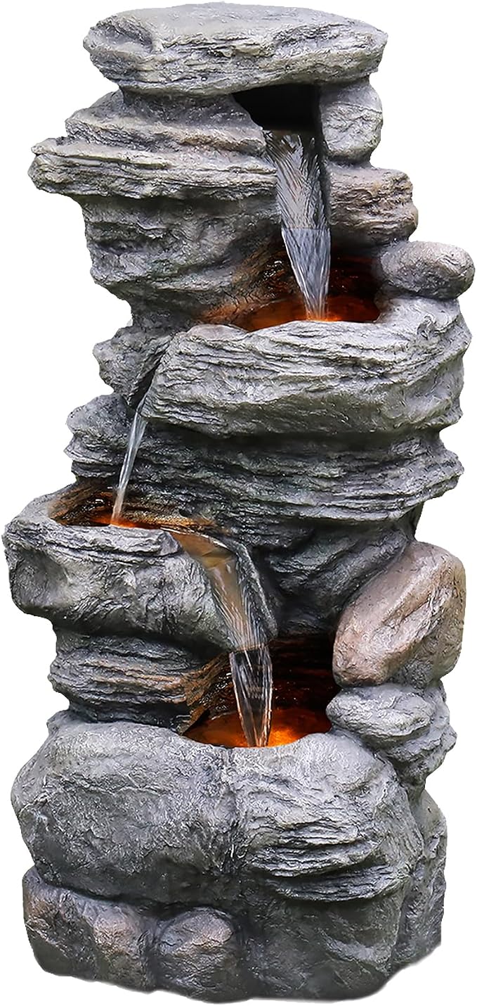 Cascading Bowls and Stacked Stones LED Outdoor Water Fountain for Outdoor Living Spaces to Create a Calming Oasis in Gardens and Landscaping, on Patios, Balconies, Lawns, Brown