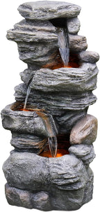 Cascading Bowls and Stacked Stones LED Outdoor Water Fountain for Outdoor Living Spaces to Create a Calming Oasis in Gardens and Landscaping, on Patios, Balconies, Lawns, Brown