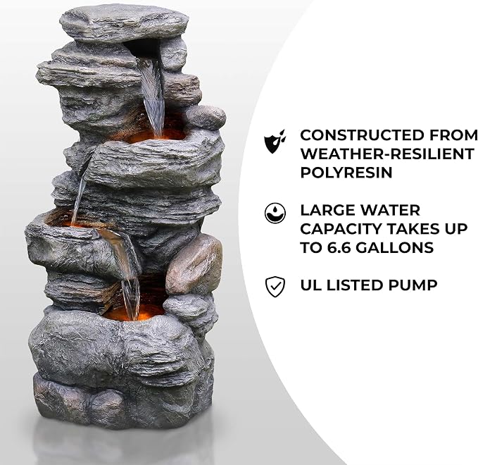 Cascading Bowls and Stacked Stones LED Outdoor Water Fountain for Outdoor Living Spaces to Create a Calming Oasis in Gardens and Landscaping, on Patios, Balconies, Lawns, Brown